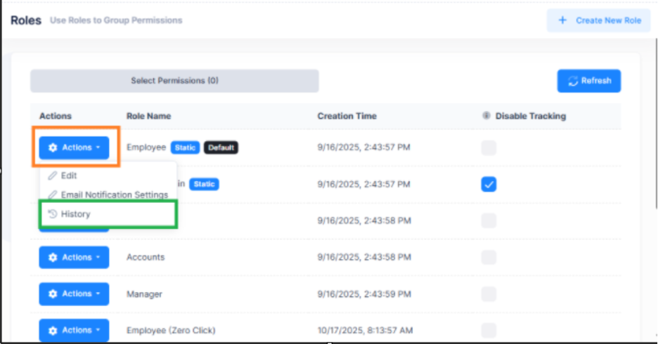 Select Role History from Actions