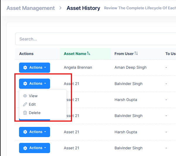 Asset History Actions