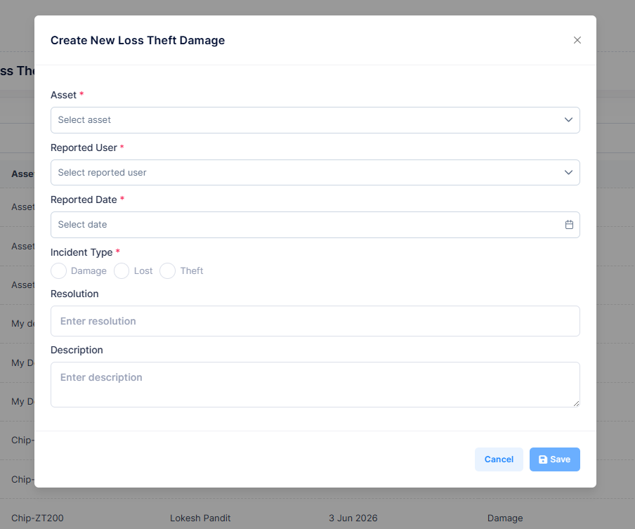 Create New Loss Theft Damage