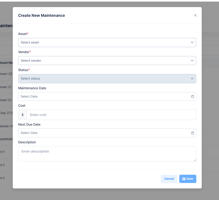 Create New Maintenance