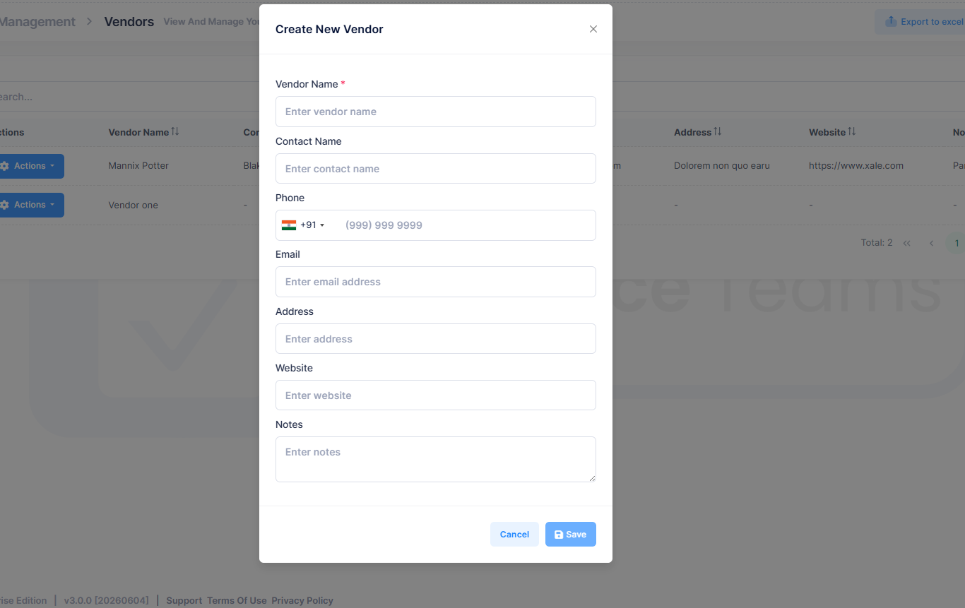 Create New Vendor