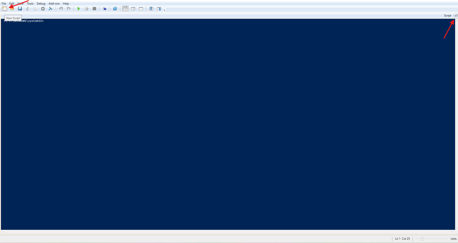 PowerShell ISE blank console - click New Script or the arrow