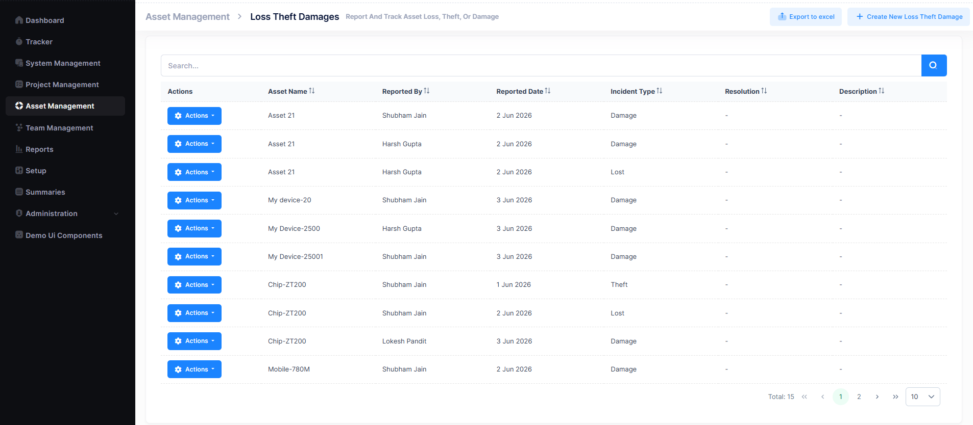 Loss Theft Damages Page