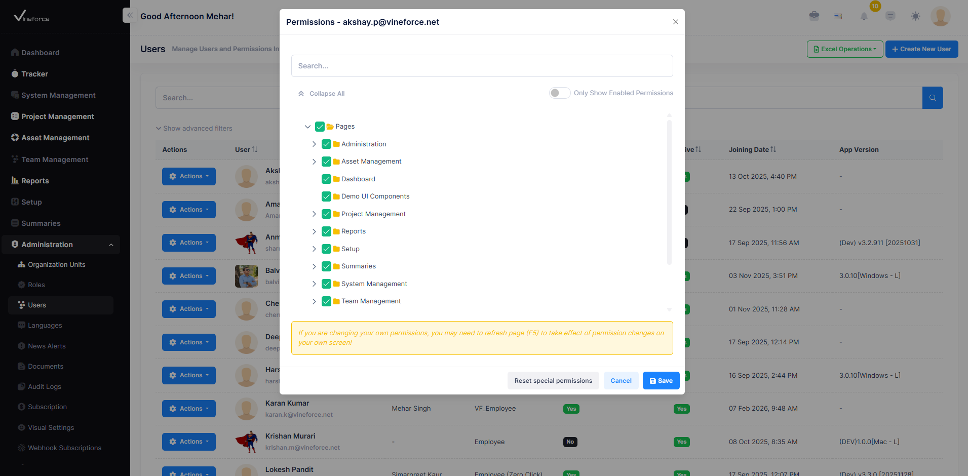 Roles and Permissions