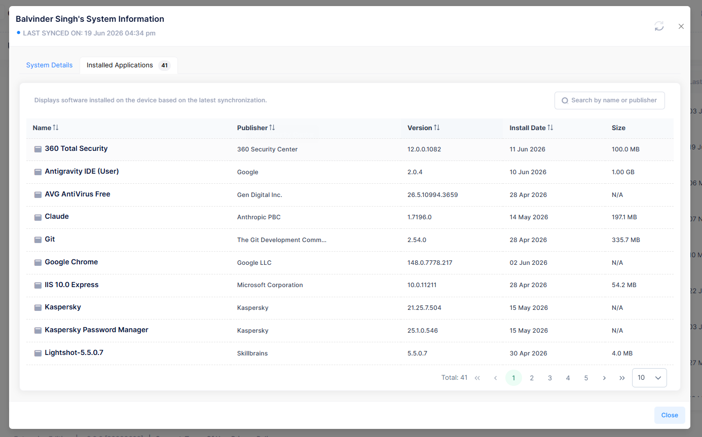 User System Information - Installed Applications