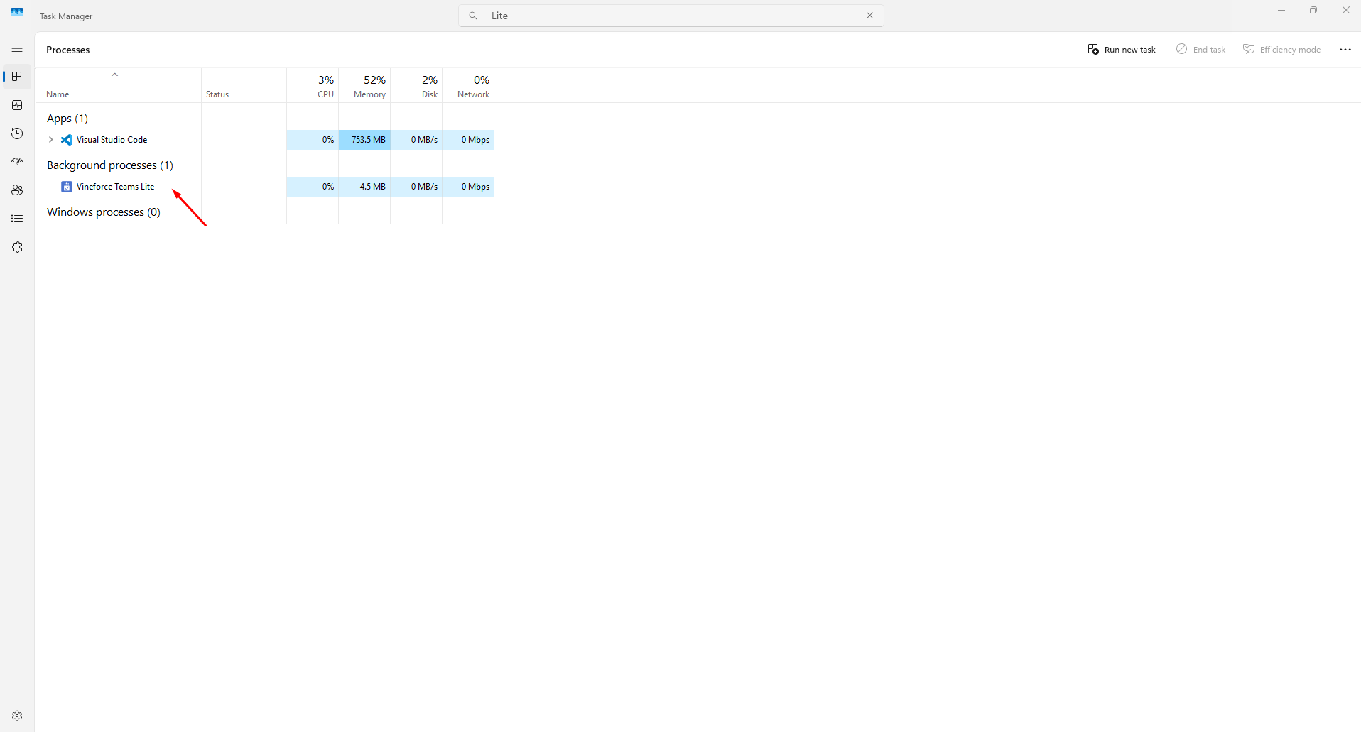 Task Manager - Vineforce Teams Lite running